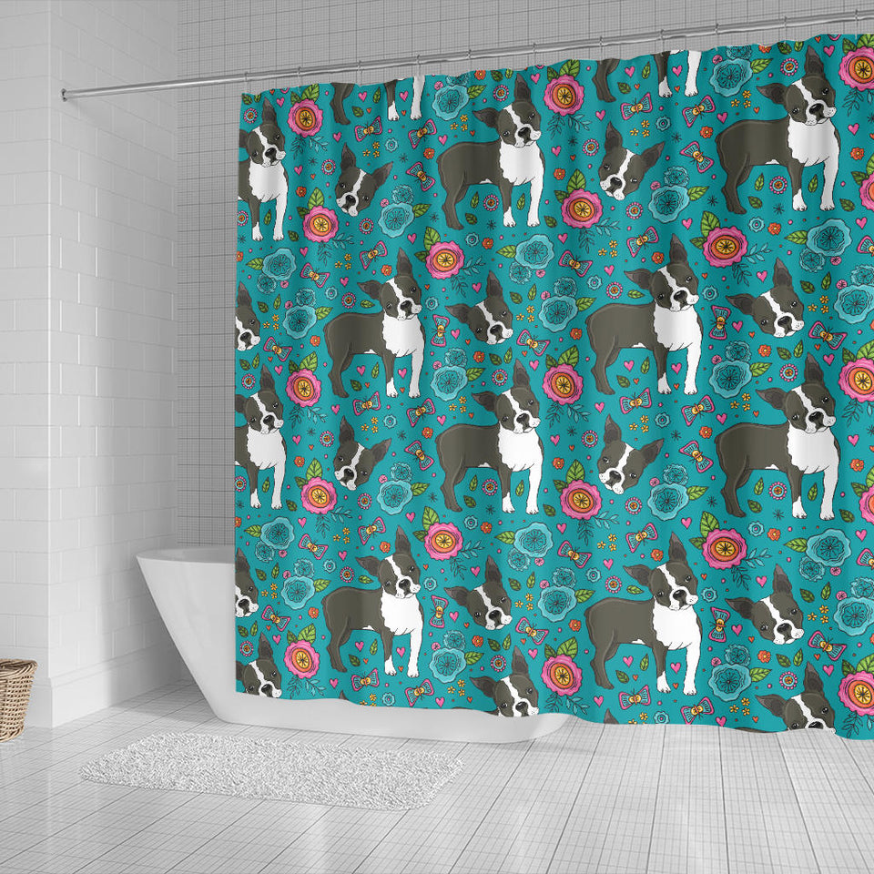 Boston Terrier Beautiful Flower Pattern Shower Curtain Fulfilled In US