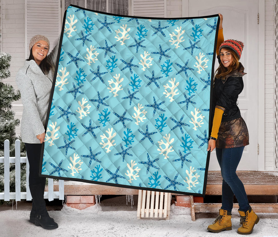 Blue Starfish Coral Reef Pattern Premium Quilt
