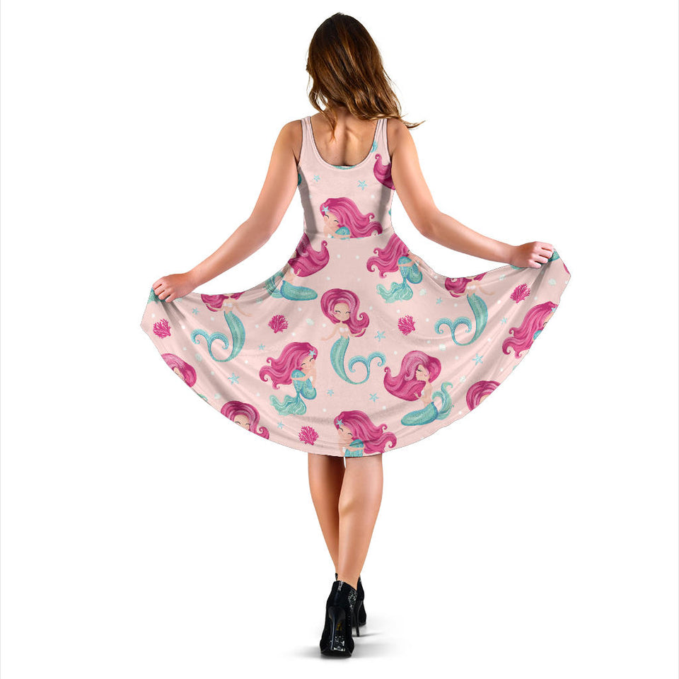 Cute Little Mermaid Pattern Sleeveless Midi Dress