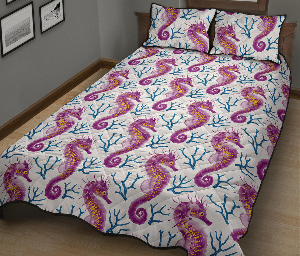 Purple seahorse blue coral pattern Quilt Bed Set