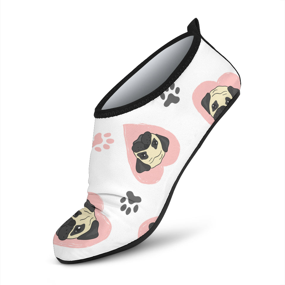 Cute Pugs Pink Heart Paw Pattern Aqua Shoes