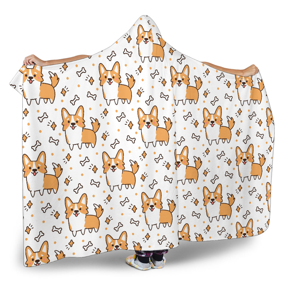 Cute Corgi Heart Star Bone Pattern Hooded Blanket