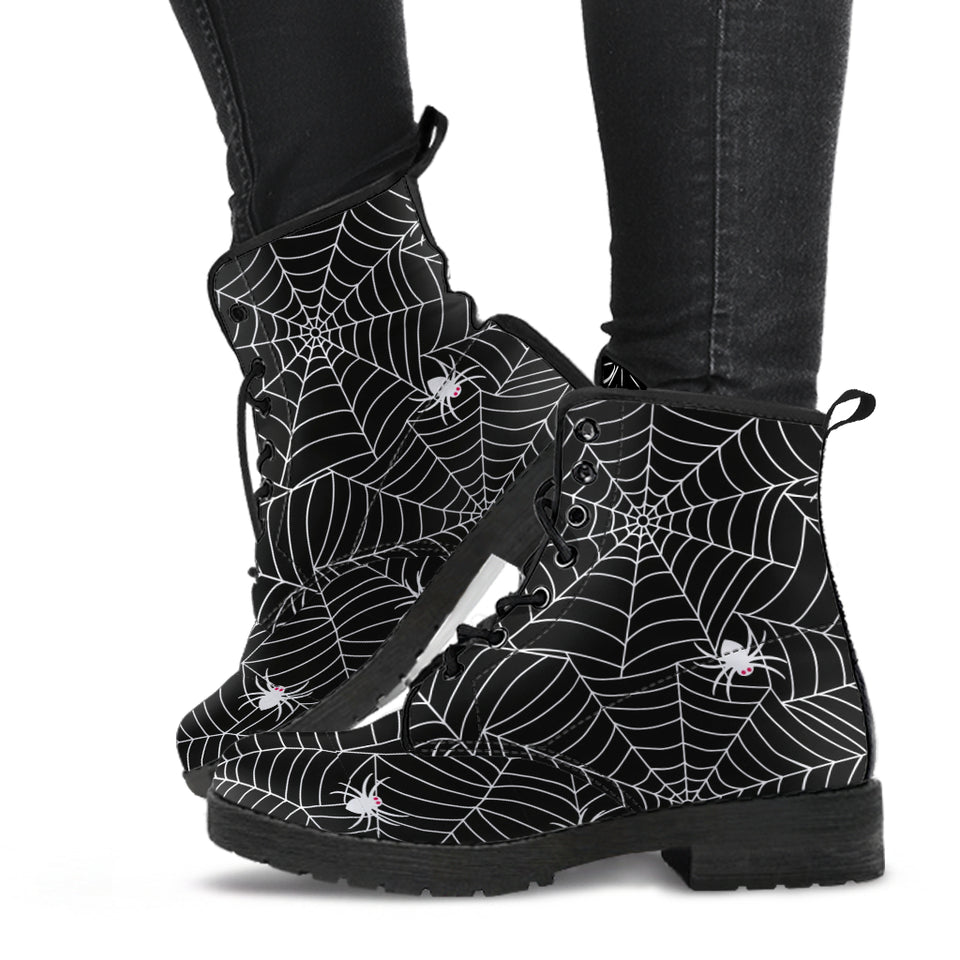 Spider Web Design Pattern Black Background White Cobweb Leather Boots