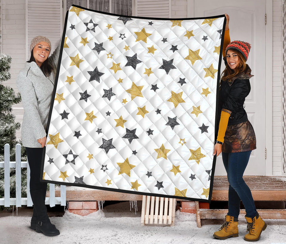 Hand Drawn Gold Black Star Pattern Premium Quilt.