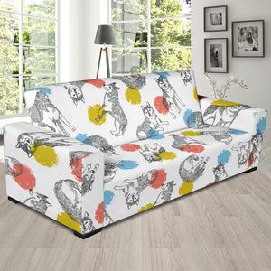 Siberian Husky And Colorful Circle Pattern Sofa Slipcover