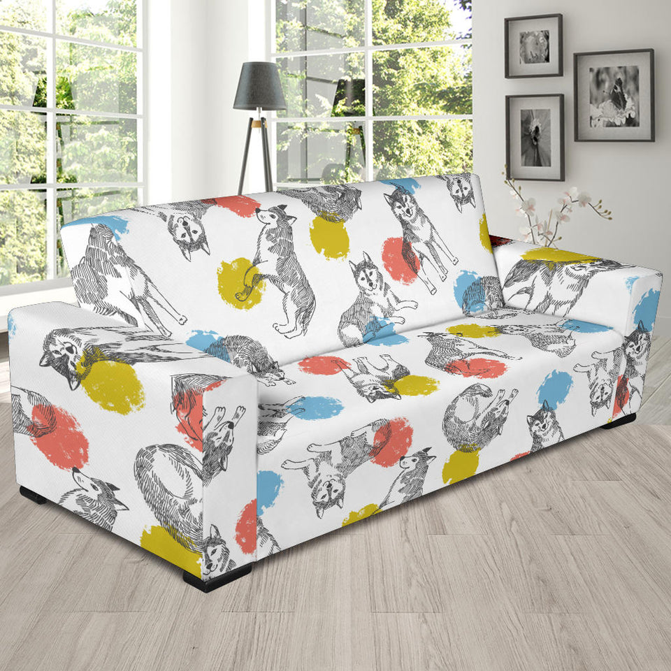 Siberian Husky And Colorful Circle Pattern Sofa Slipcover