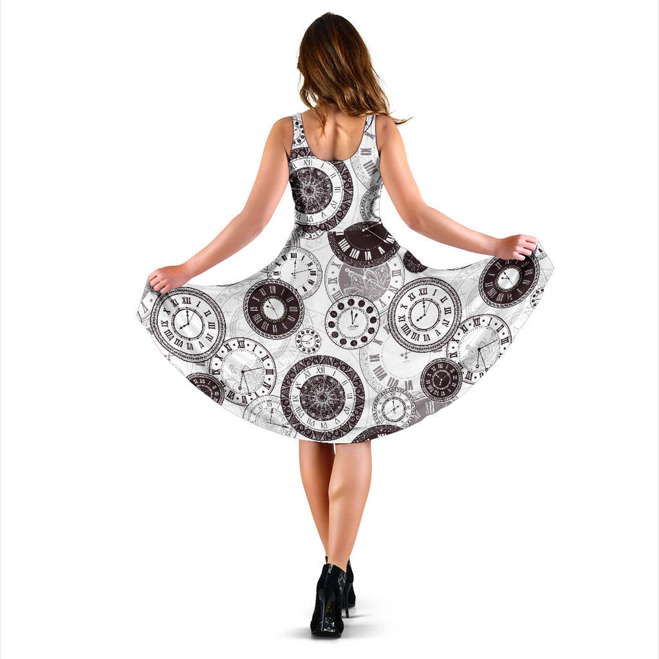 Classic Vintage Clock Pattern Sleeveless Midi Dress