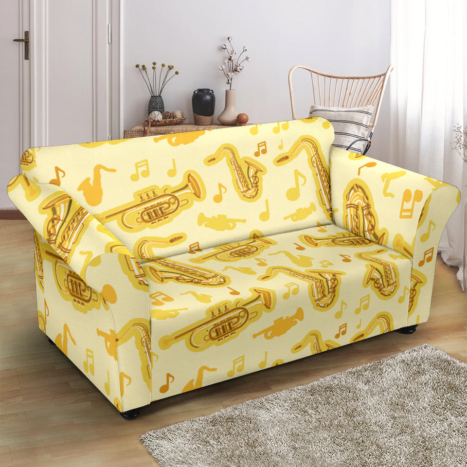 Saxophone Cornet Pattern Yellow Background Loveseat Couch Slipcover