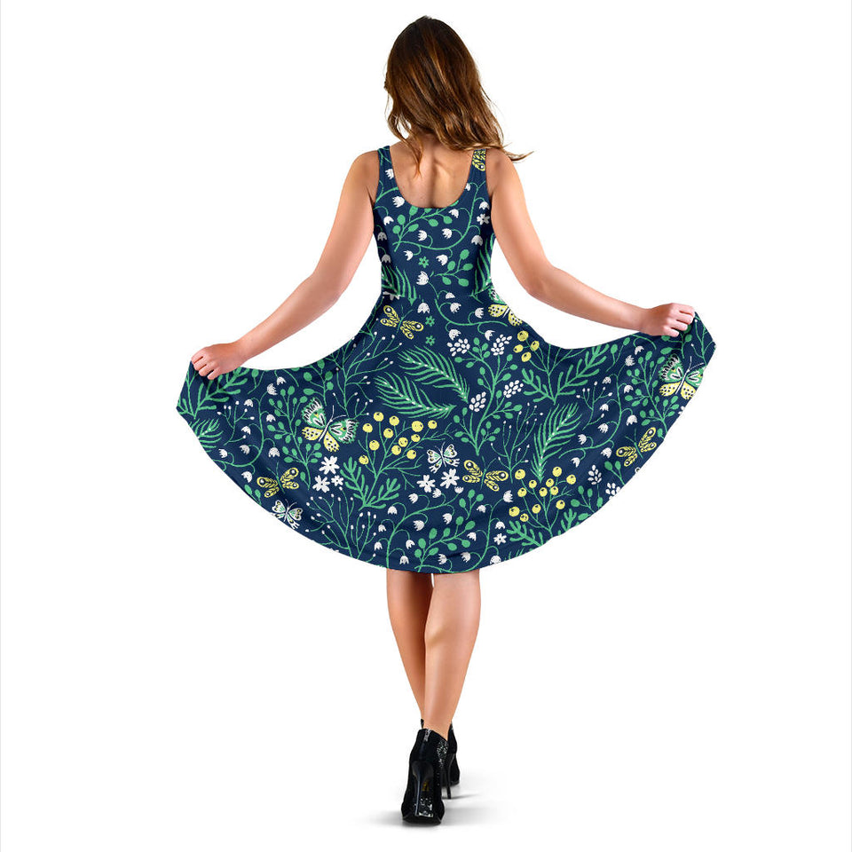 Butterfly Leaves Pattern Sleeveless Midi Dress