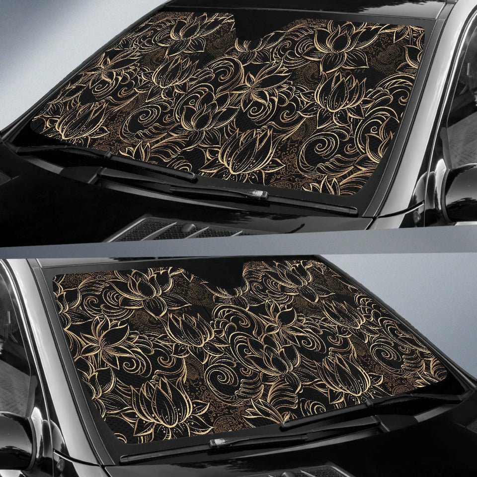 Luxurious Gold Lotus Waterlily Black Background Car Sun Shade