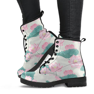 Pink Lotus Waterlily Leaves Pattern Leather Boots