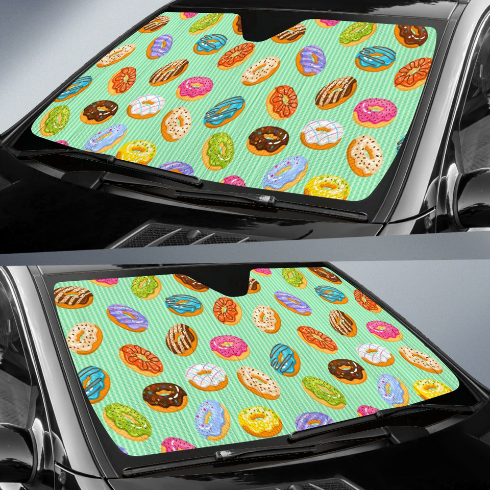 Colorful Donut Pattern Green Background Car Sun Shade