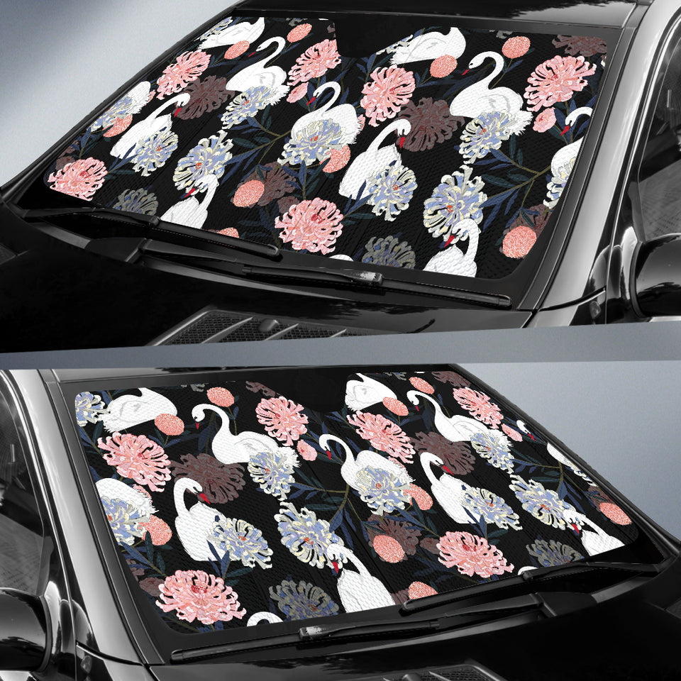 White Swan Blooming Flower Pattern Car Sun Shade