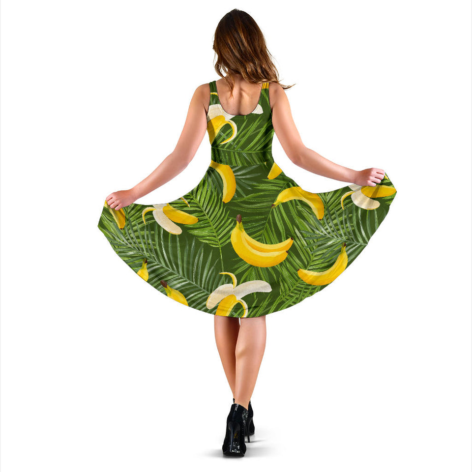 Banana Palm Leaves Pattern Sleeveless Midi Dress