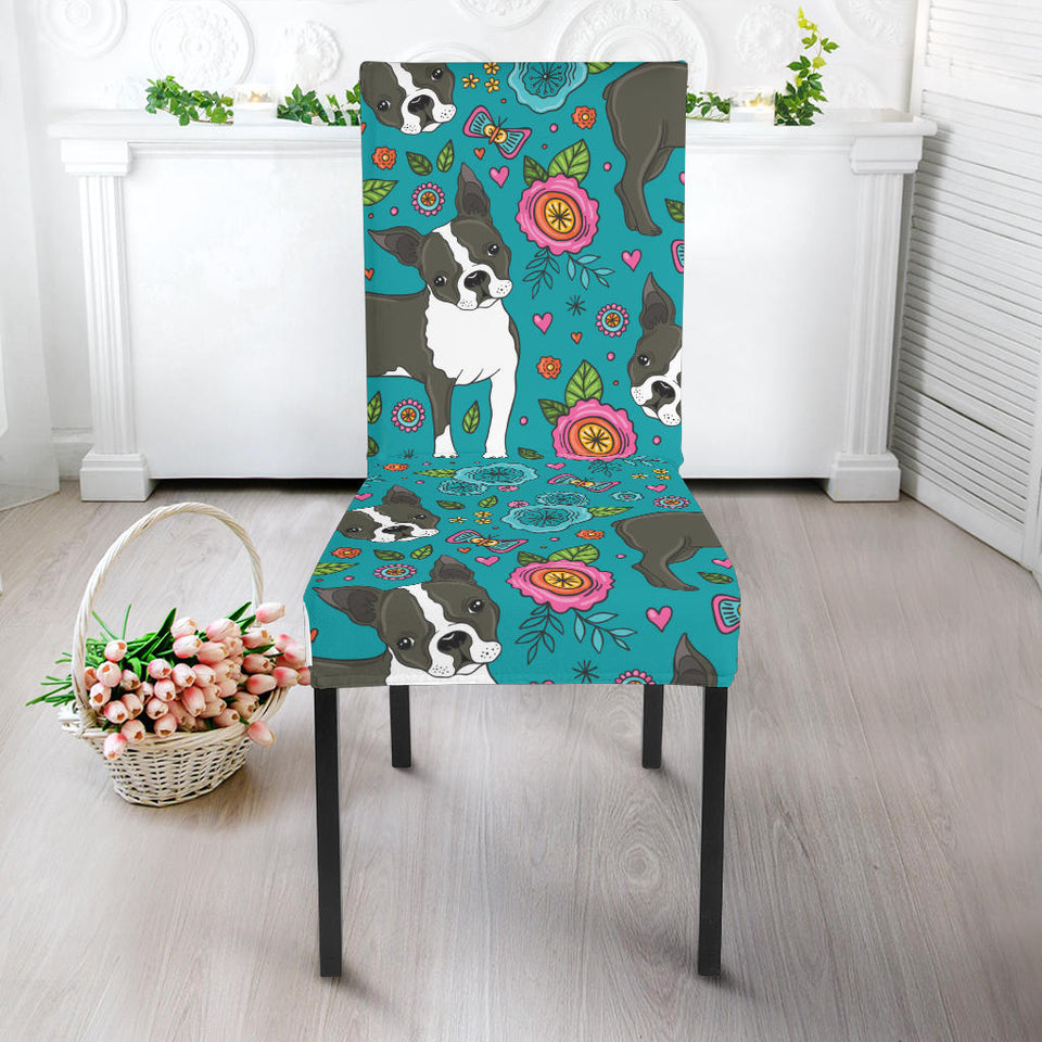 Boston Terrier Beautiful Flower Pattern Dining Chair Slipcover