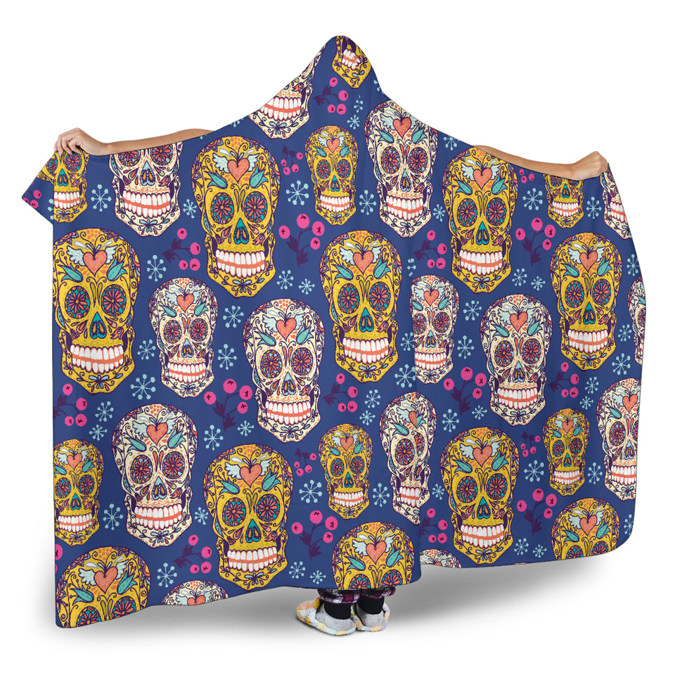 Sugar Skull Flower Pattern Hooded Blanket