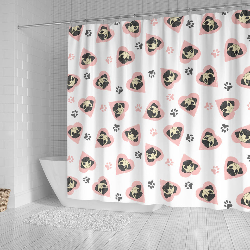 Cute Pugs Pink Heart Paw Pattern Shower Curtain Fulfilled In US