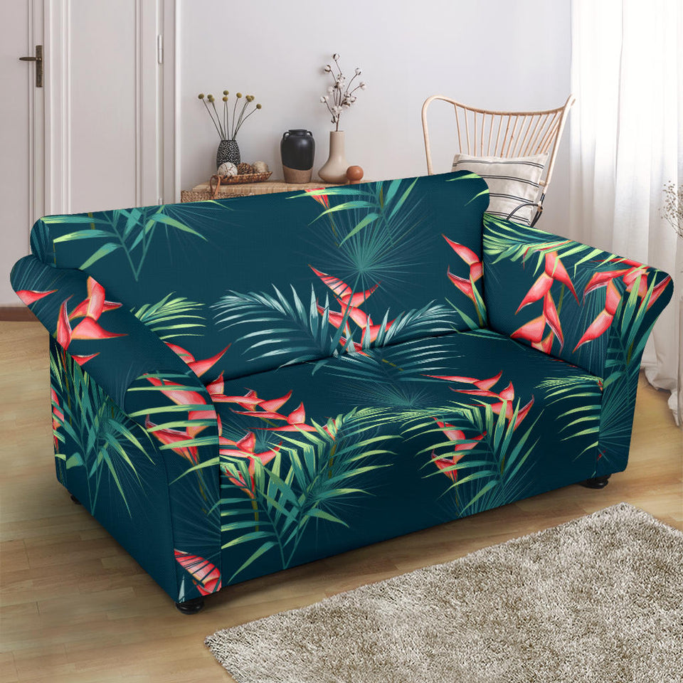 Heliconia Flowers, Palm And Monstera Leaves On Black Background Pattern Loveseat Couch Slipcover