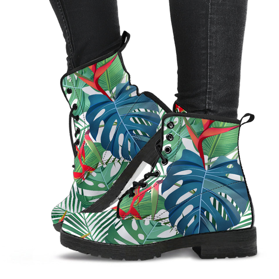 Heliconia Palm And Monstera  Leaves Pattern Leather Boots