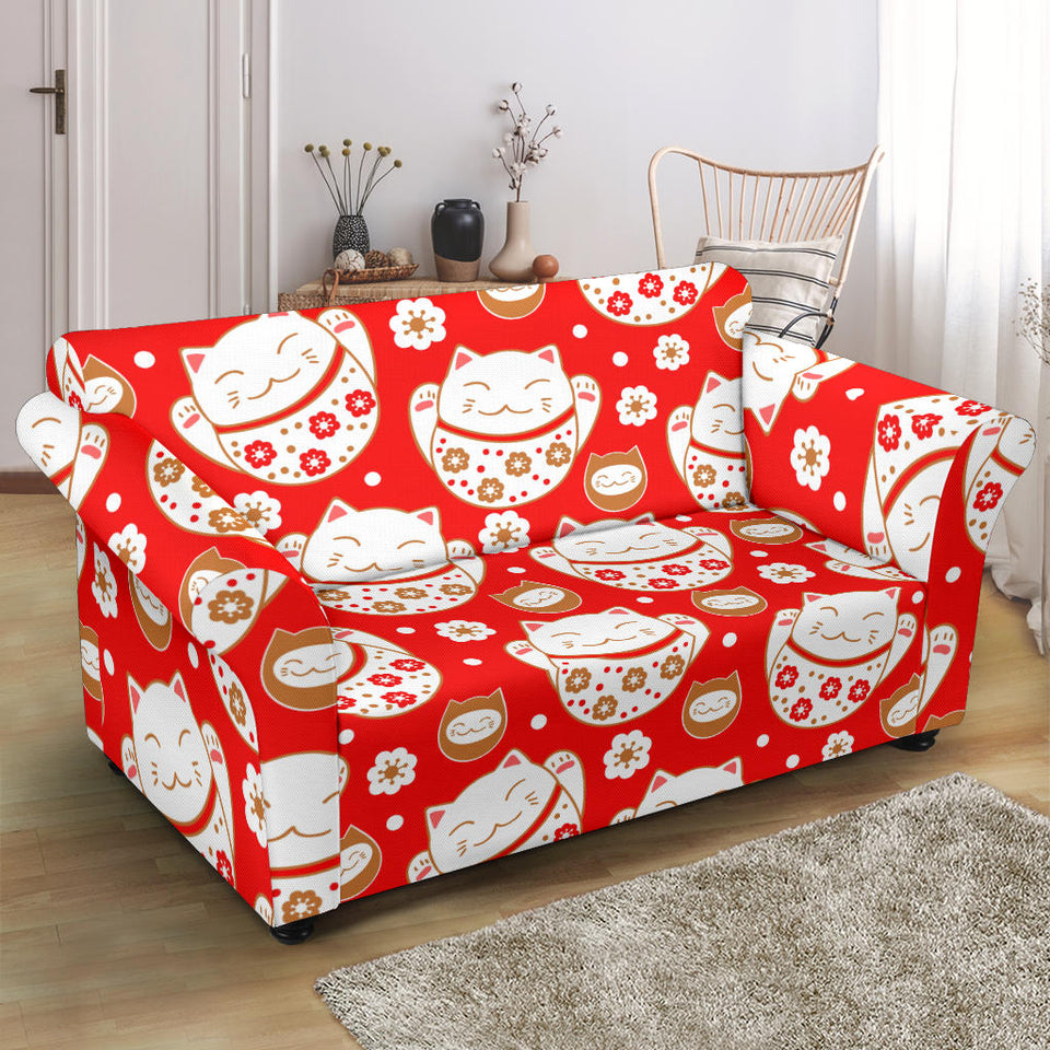 Cute Maneki Neko Lucky Cat Red Background Loveseat Couch Slipcover