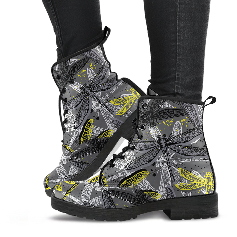 Hand Drawn Dragonfly Pattern Leather Boots