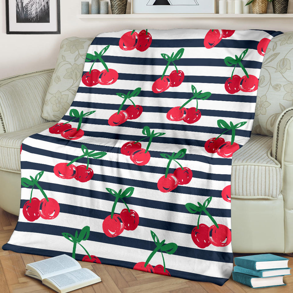 Hand Drawn Cherry Pattern Striped Background Premium Blanket