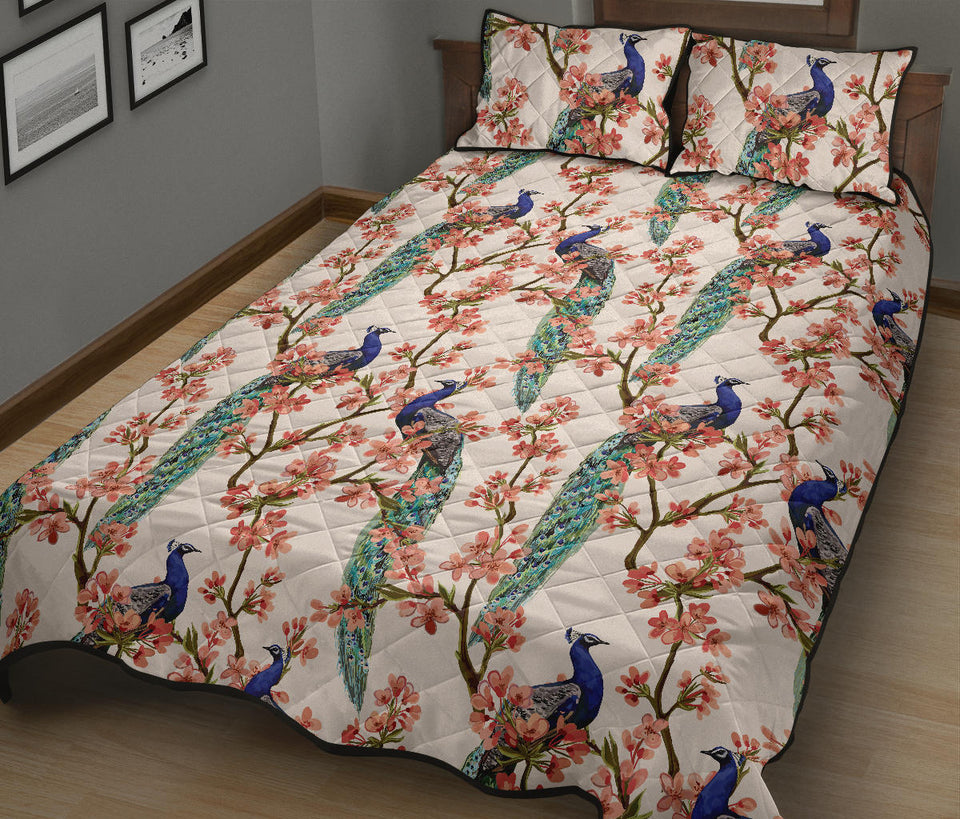 Peacock tropical flower pattern Quilt Bed Set