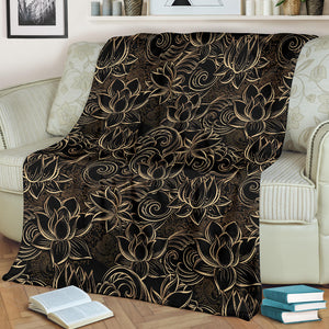 Luxurious Gold Lotus Waterlily Black Background Premium Blanket