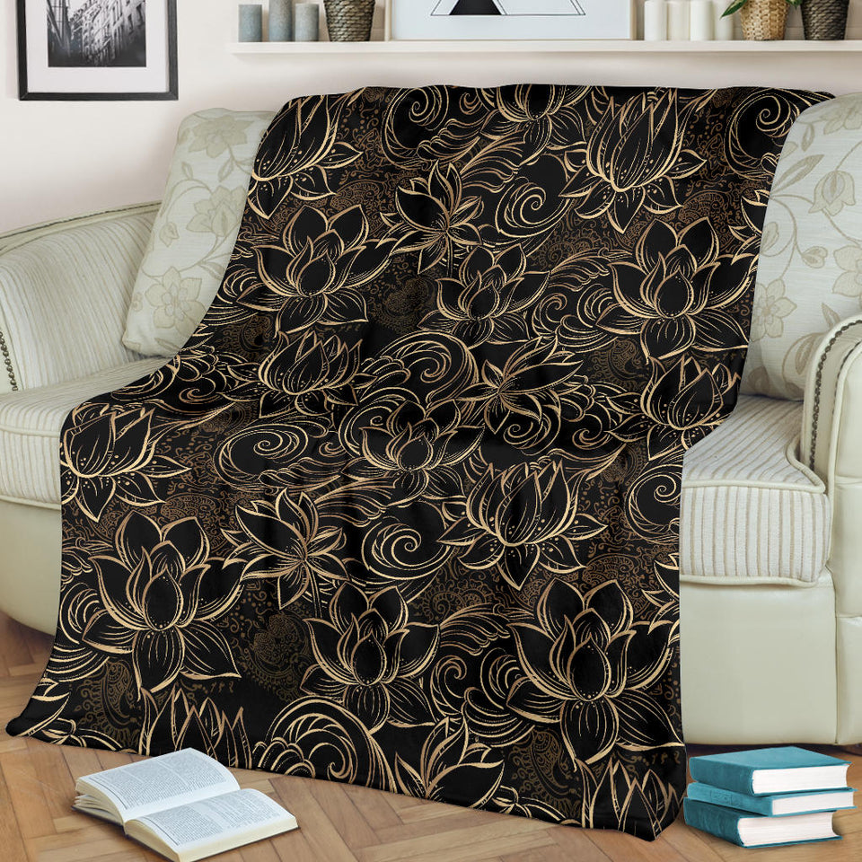 Luxurious Gold Lotus Waterlily Black Background Premium Blanket