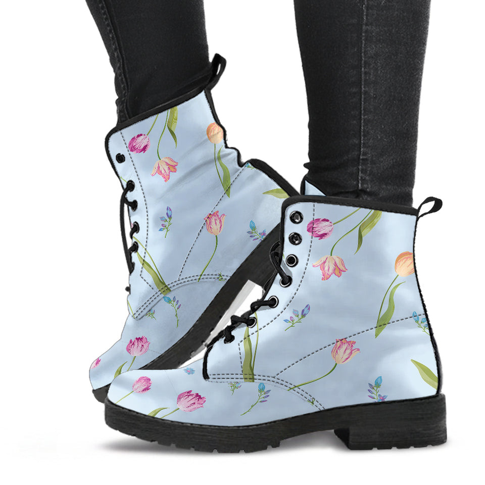 Watercolor Tulips Pattern Leather Boots