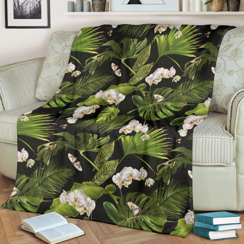 White Orchid Flower Tropical Leaves Pattern Blackground Premium Blanket