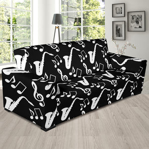 Saxophone Music Notes Treble Clef Black White Theme Sofa Slipcover