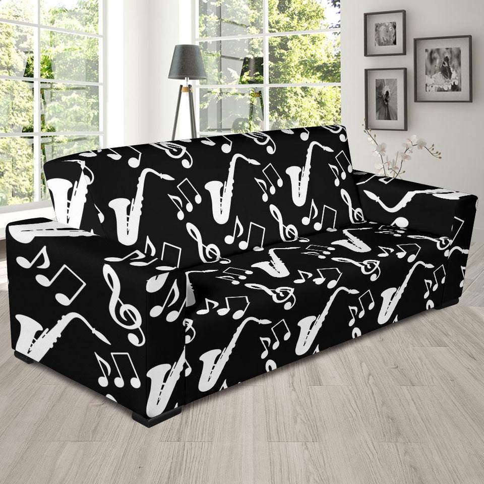 Saxophone Music Notes Treble Clef Black White Theme Sofa Slipcover