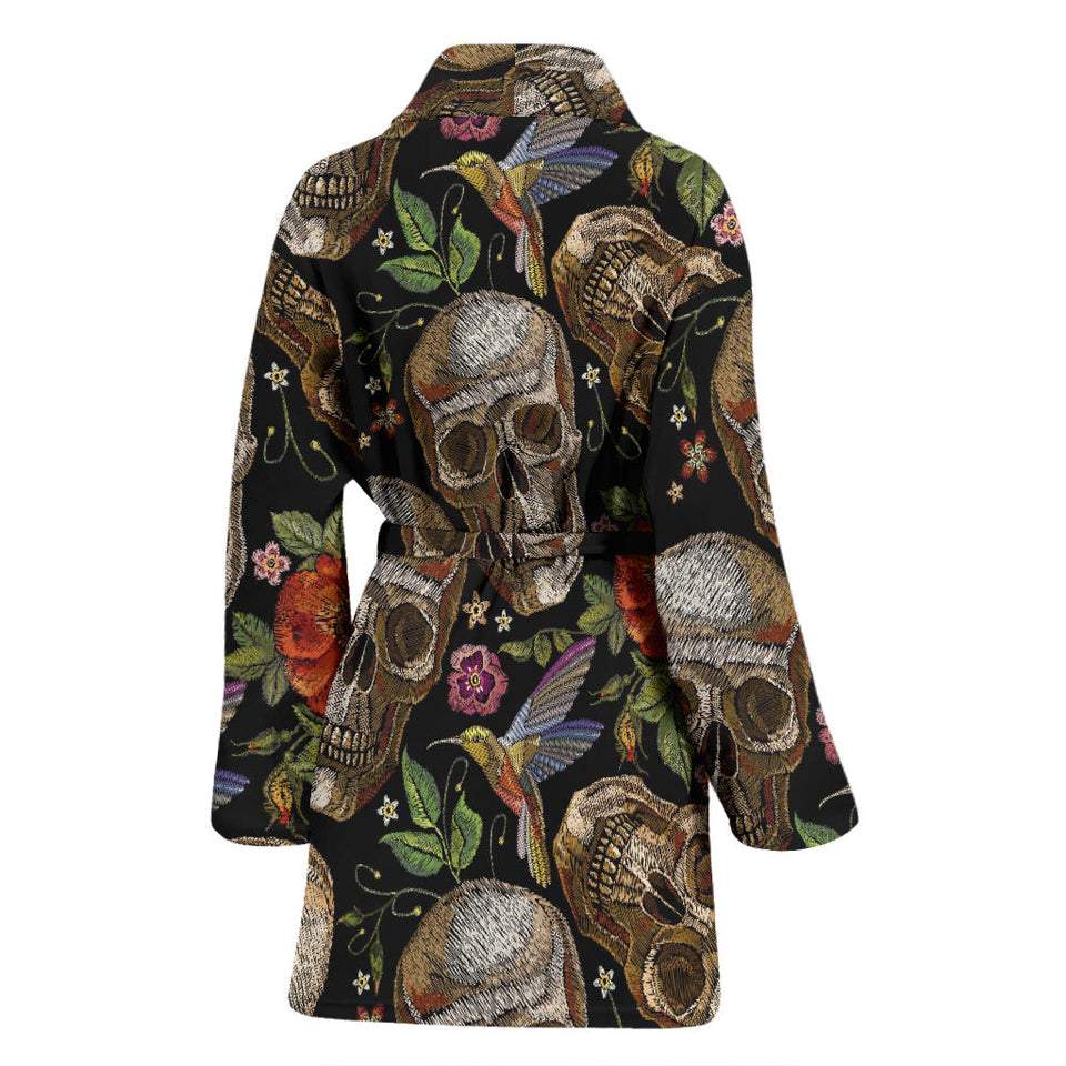 Skull Rose Humming Bird Flower Pattern Women'S Bathrobe