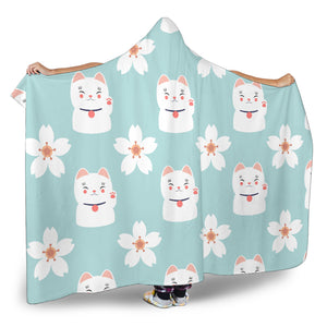 Maneki Neko Lucky Cat Sakura Hooded Blanket