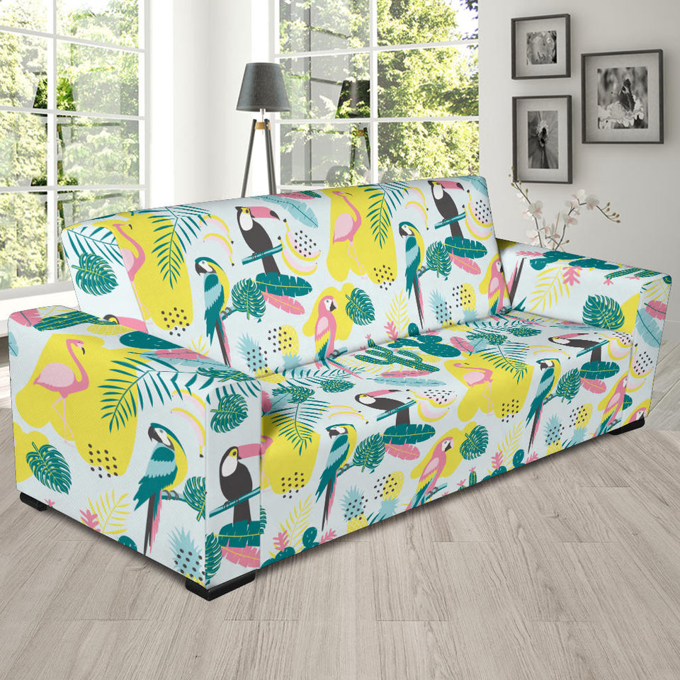 Cute Parrot Toucan Flamingo Cactus Exotic Leaves Pattern Sofa Slipcover