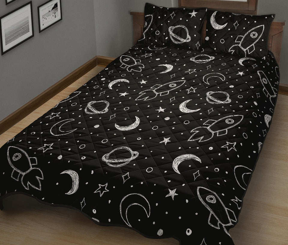 Hand drawn space rocket star planet Quilt Bed Set