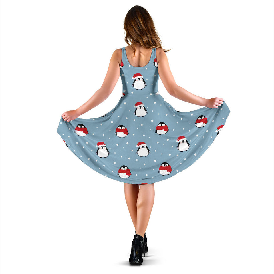 Cute Penguin Christmas Snow Pattern Sleeveless Midi Dress