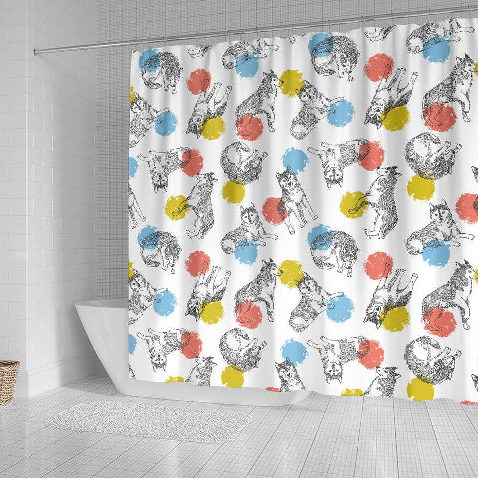 Siberian Husky And Colorful Circle Pattern Shower Curtain Fulfilled In US