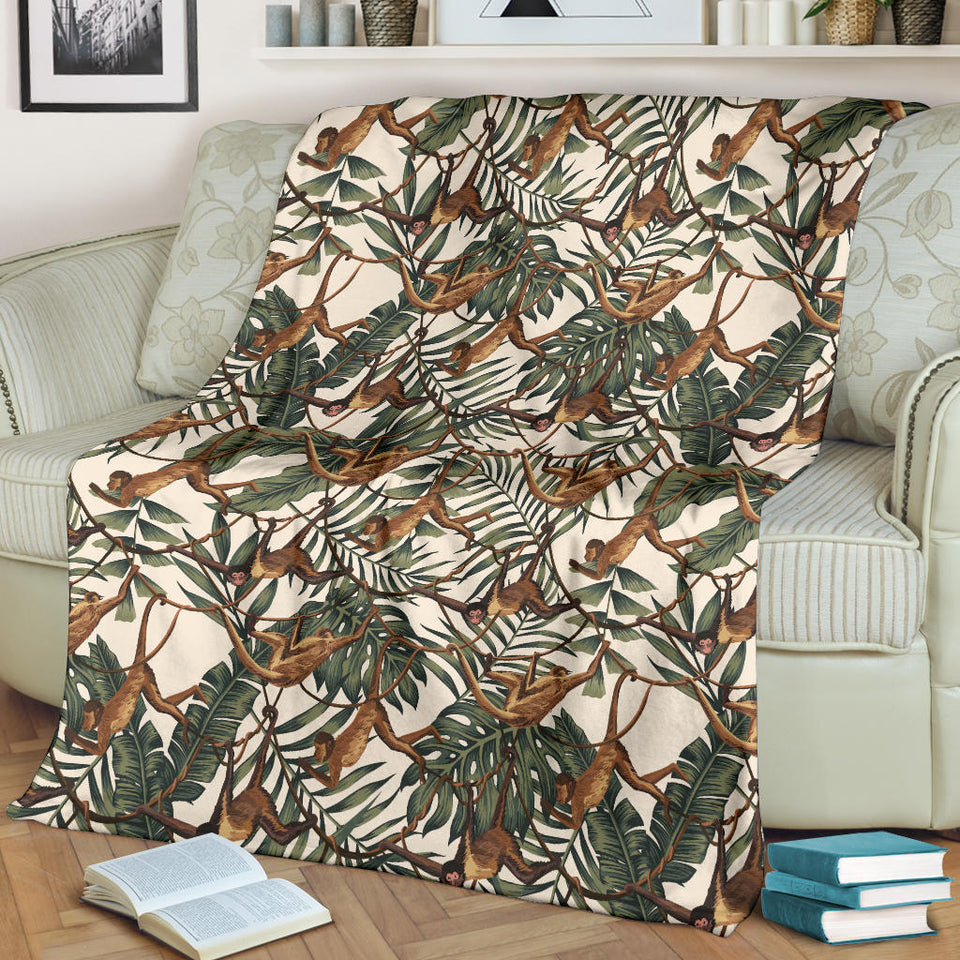Monkey Tropical Leaves Background Premium Blanket