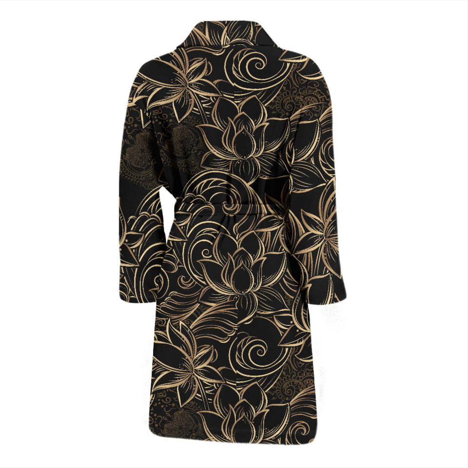 Luxurious Gold Lotus Waterlily Black Background Men'S Bathrobe