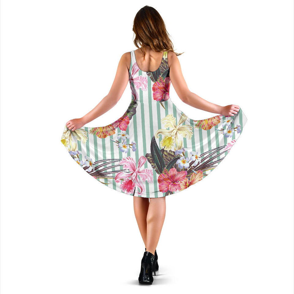 Colorful Orchid Flower Pattern Sleeveless Midi Dress