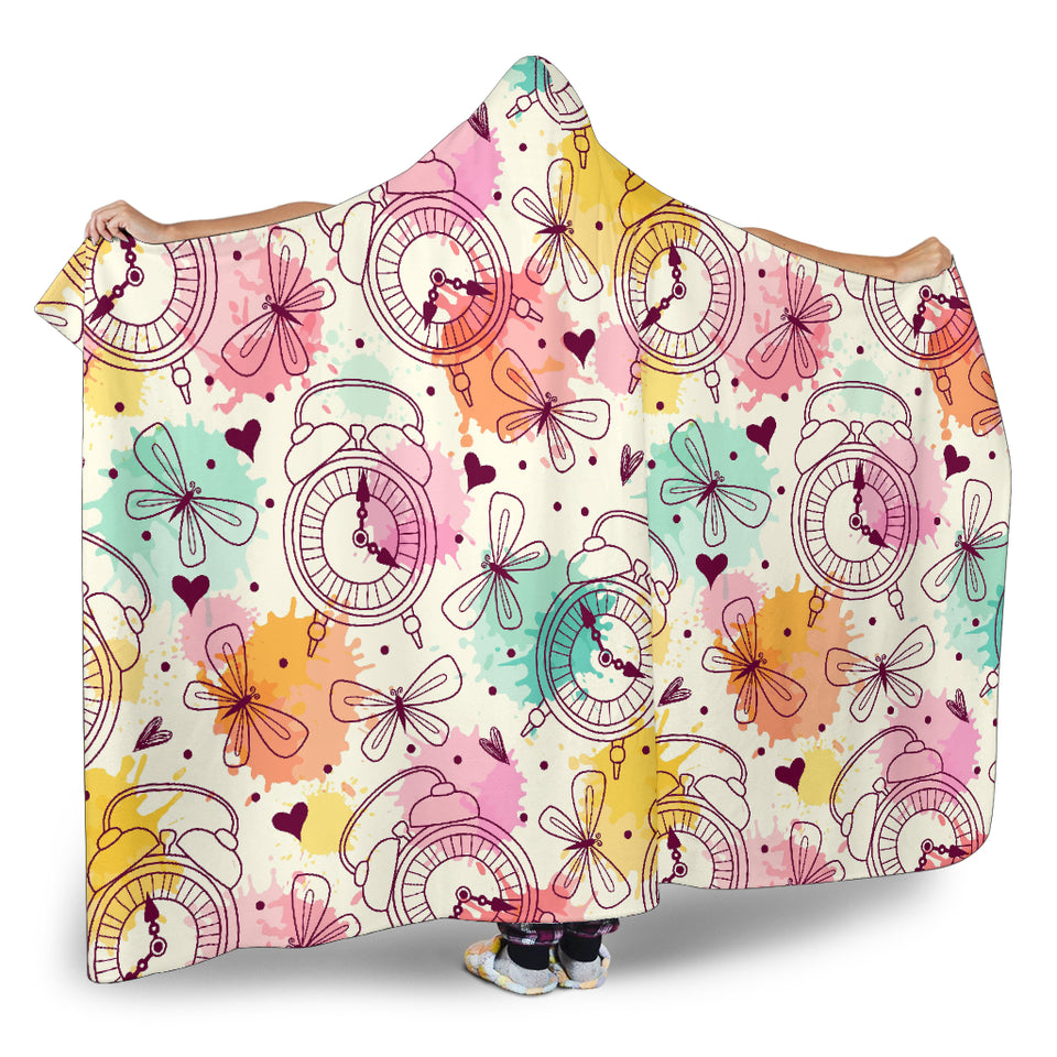Clock Butterfly Pattern Hooded Blanket