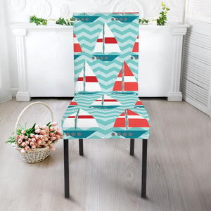 Red White Sailboat Wave Background Dining Chair Slipcover