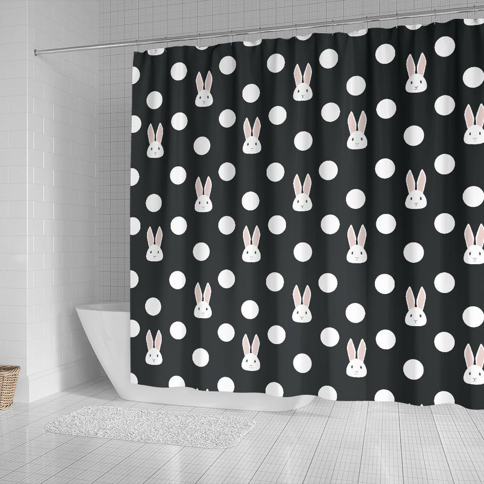 Cute White Rabbit Polka Dots Black Background Shower Curtain Fulfilled In US