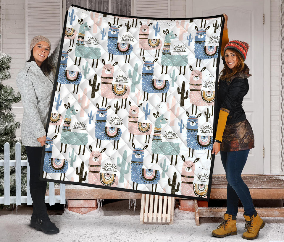 Lama Alpaca Cactus Hand Drawn Pattern Premium Quilt