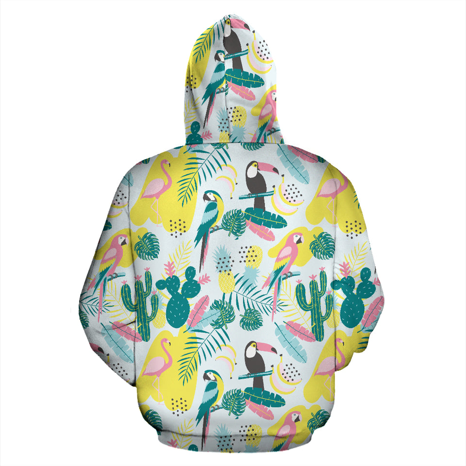 Cute Parrot Toucan Flamingo Cactus Exotic Leaves Pattern Zip Up Hoodie