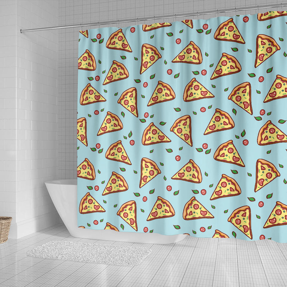 Hand Drawn Pizza Blue Background Shower Curtain Fulfilled In US