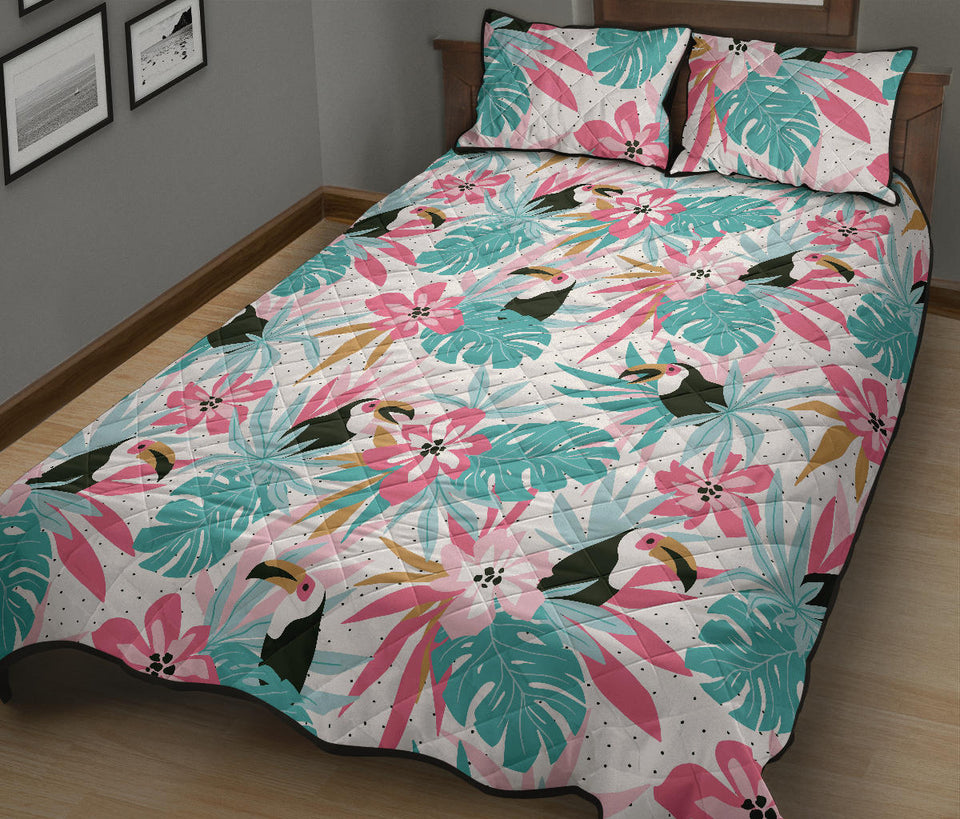 Toucan tropical flower leave pattern Quilt Bed Set