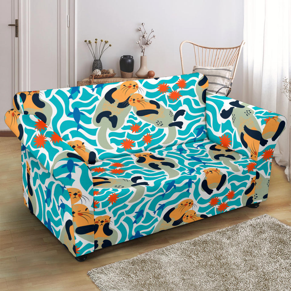 Cute Sea Otters Fishe Sea Urchin Pattern Loveseat Couch Slipcover